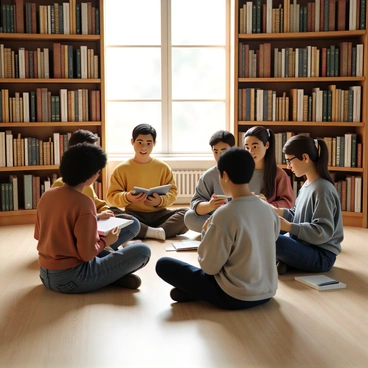 A group of five students sitting in a circle on the floor of a library. They are surrounded by tall bookshelves filled with books. Each student has a stack of textbooks and notebooks in front of them. Two students are sharing a textbook and discussing while the others are taking notes. There is a warm light filtering in from a nearby window, illuminating the scene. All students are focused and engaged in their study session.