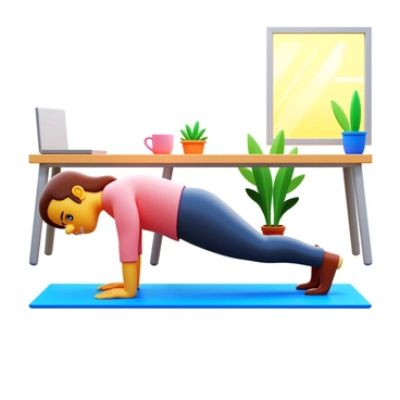 An office worker in a casual workspace, dressed in business-casual attire, is performing knee planks on a yoga mat. The workspace features a modern desk with a laptop, a coffee mug, and some potted plants. Sunlight streams in through a nearby window, illuminating the scene. The worker has a focused expression, showing determination while maintaining proper form during the exercise.