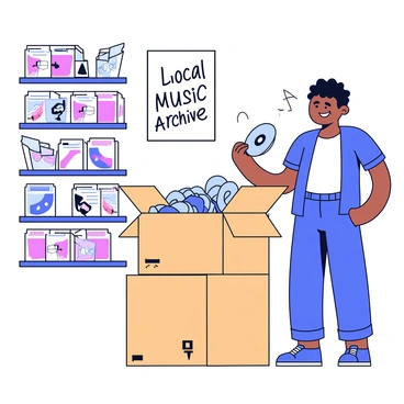 A musician stands next to a large cardboard box filled with a stack of CDs. The musician is wearing a casual outfit, consisting of a t-shirt and jeans. They have a cheerful expression while holding a CD in one hand, ready to place it inside the box. The background features shelves filled with various music-related items, including records and posters. A sign on the wall reads "Local Music Archive". The scene conveys a sense of community and support for local music.