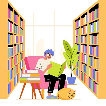 A large, cozy library with tall wooden bookshelves packed with colorful books. Soft, warm lighting illuminates the room, creating a welcoming atmosphere. An anime character with bright blue hair, wearing glasses and a casual outfit, is sitting in a comfortable armchair, engrossed in a large book. Surrounding the character are stacks of books on a small table, and a fluffy cat is curled up nearby, adding to the homely feel of the library. Large windows let in natural light, highlighting a few green plants placed around the room.