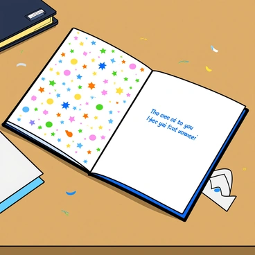 A greeting card is open and placed on a wooden desk. The card features a colorful, festive design with bright patterns including stars, balloons, and confetti. Inside the card, there is a neatly written handwritten message in blue ink. The edges of the card are slightly curled, and a small envelope, also festive, is positioned next to the card on the desk. The desk has a few scattered office supplies, adding to the scene's charming ambiance.