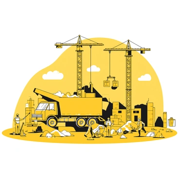 A large truck is positioned at a construction site, with its rear open and materials spilling out onto the ground. The truck is surrounded by several workers, wearing helmets and safety vests, actively moving the materials with wheelbarrows and lifting equipment. In the background, two tall cranes are lifting heavy loads high into the air. The ground is scattered with tools, piles of materials, and a partially constructed building in the distance. Dust rises into the air, indicating the busy activity of the site.
