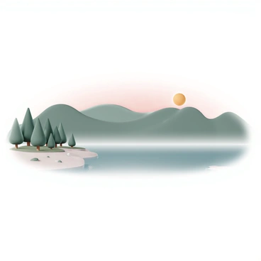 A lake surrounded by lush green trees and gentle rolling hills. The water is calm and still, with a light mist hovering above the surface, partially obscuring the reflections. The sky is painted in soft pastel colors of pink and orange as the sun rises, casting a gentle glow on the scene. The shoreline is dotted with small pebbles and patches of grass, enhancing the tranquil atmosphere of the early morning.