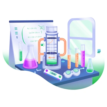 A chemical lab setup featuring a small tabletop heat exchanger positioned at the center. The heat exchanger has copper tubing and clear glass sections, showing fluid flow inside. Surrounding the heat exchanger are several test tubes filled with colorful liquids in various stages of reaction. A digital thermometer is placed nearby, displaying the temperature reading. On the table, there are also beakers with measuring marks, a pipette, and safety goggles. The background includes a whiteboard with chemical equations and notes, and a window letting in soft natural light.