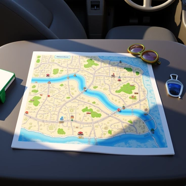 An old-fashioned paper roadmap spread out on a car dashboard