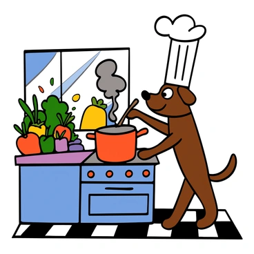 A cartoon dog with light brown fur and big eyes is wearing a tall white chef's hat. The dog is standing on its hind legs in a bright kitchen filled with colorful cookware. The dog is stirring a pot on the stove with a wooden spoon, while an array of fresh vegetables and spices are neatly arranged on the countertop. The kitchen has a checkered floor and a window with a view of a sunny garden. There is a cloud of steam rising from the pot, indicating that the gourmet meal is in progress.