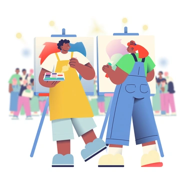 Two artists are standing side by side in front of a large canvas. One artist has short curly hair and is wearing a yellow apron over a white t-shirt. They are holding a palette filled with various colors and are applying brush strokes in vibrant red and blue. The other artist has long straight hair tied in a bun, wearing a green t-shirt and denim overalls. They are using a sponge to add texture in shades of purple and green. In the background, a crowd of people is gathered, watching the collaboration with interest. Bright lights are illuminating the scene, creating a lively atmosphere.