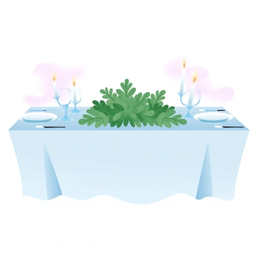 A dining table is set with a white tablecloth, elegantly draping over the edges. In the center, there is a lush "ferns centerpiece," creating a vibrant green display. Surrounding the centerpiece are several "candles" of varying heights, some in glass holders, casting a warm glow. The table is adorned with "delicate dinnerware" and "silver cutlery," neatly arranged for an inviting dining experience. Soft, ambient light enhances the atmosphere, creating a sense of warmth and comfort.