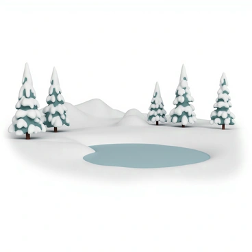 A winter landscape featuring tall, snow-covered pine trees with heavy frost coating their branches. The ground is blanketed in thick, white snow, reflecting the soft light of a pale winter sun. In the foreground, there is a frozen lake, its surface smooth and glistening, surrounded by gentle slopes of snow. The sky is a light gray, hinting at the chill in the air. Small, distant mountains can be seen in the background, partially obscured by a light mist.