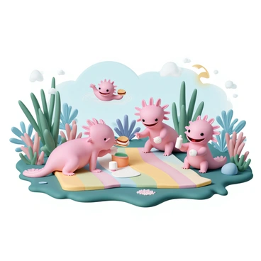 A group of three axolotls, each with vibrant pink skin and feathery gills, are gathered around a large, colorful blanket spread across a lush underwater meadow. One axolotl is holding a small sandwich in its claws, while another is pouring a drink from a tiny bottle into a cup. The third axolotl is playfully swimming around them, creating gentle ripples in the water. Surrounding them are various underwater plants with long green leaves and colorful coral formations, adding to the vibrant scene. Sunlight filters through the water, illuminating the joyful gathering.