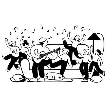 A grandparent sitting in a cozy living room, playing a guitar. The grandparent has a relaxed posture, strumming the instrument with both hands. In front of the grandparent, several grandchildren are standing, singing joyfully. Some grandchildren are dancing playfully, with a few jumping in excitement. Musical notes are illustrated around them to signify the lively atmosphere of the jam session. A few cushions are scattered on the floor, and a warm light is coming from a nearby lamp, adding to the inviting scene.