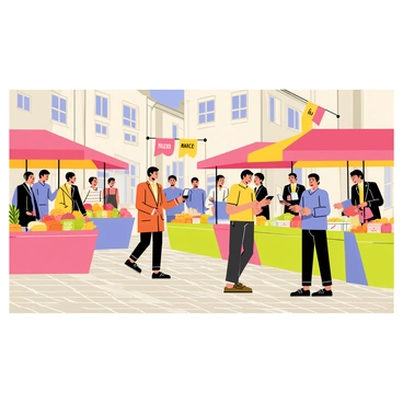 An illustrated scene of a traditional market in Montpellier, bustling with activity. Colorful stalls are filled with a variety of local goods such as fresh fruits, vegetables, and artisanal cheeses. A group of people, including men and women of different ages, are browsing the stalls and interacting with the vendors. Bright umbrellas provide shade over the stalls, and a flag with the word "Marché" hangs prominently. The cobblestone street is lined with charming old buildings in the background, adding to the vibrant atmosphere of the market.