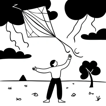 A man dressed in 18th-century clothing holds a large kite string in one hand, while the other hand stretches towards the sky. The kite, adorned with a distinct pattern, flutters wildly in the wind as dark clouds swirl ominously above. Lightning bolts streak down from the clouds, illuminating the scene. The ground is littered with scattered debris, and a distant tree bends under the force of the storm. The dramatic atmosphere conveys the tension of the moment.
