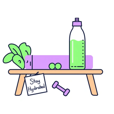 An illustration of a water bottle placed on a wooden gym bench. The water bottle is sleek and transparent, prominently displaying the liquid inside. Next to the water bottle, there is a note with the text “Stay Hydrated” written in bold letters. In the background, a set of dumbbells is visible, and a yoga mat is rolled up nearby. A plant is positioned in the corner, adding a touch of greenery to the exercise setting.
