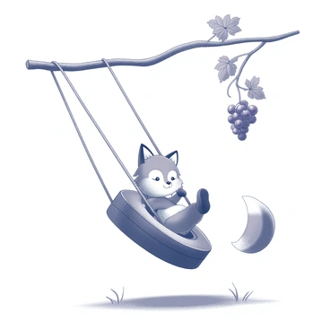 A fox is swinging on a tire swing. The fox has a bushy tail and pointed ears. It is positioned on the tire swing, which is suspended from a sturdy rope tied to a branch of a tree. The swing is slightly tilted, suggesting movement. Nearby, a cluster of grapes hangs from another branch, just within reach of the fox. The scene is set in a natural environment with grass visible beneath the swing and foliage surrounding the area. The fox appears curious and playful, gazing at the grapes with excitement.
