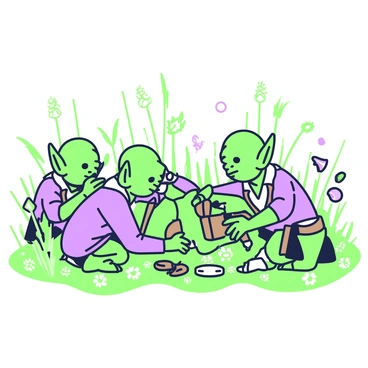 A group of goblins is gathering shiny objects in a meadow. The goblins have green skin and pointed ears, wearing tattered clothing. They are crouched among the grass, examining various shiny items such as coins, jewelry, and reflective stones. Some goblins are holding the objects up to the light, while others are placing them into small knapsacks. The meadow is filled with tall grasses and wildflowers, providing a natural setting for their activity. In the background, a few trees are visible, and the sky appears clear.