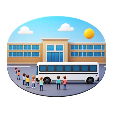 A white school bus parked in a school parking lot. Students gather outside the bus, practicing a fire drill. Some students stand in a line, while others are talking to each other. The school building is visible in the background. The scene depicts a clear sky and an organized environment. There is a bright sunlight illuminating the area.