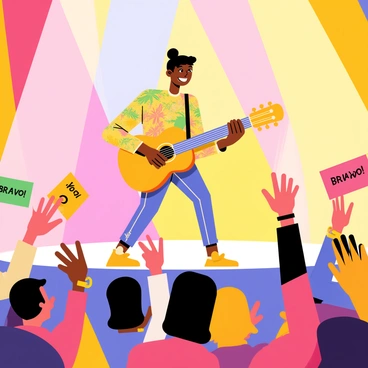 Vadivelu is standing on a brightly lit stage, holding a shiny acoustic guitar. He has a big smile on his face as he strums the strings, wearing a vibrant outfit with colorful patterns. In front of him, a cheering audience of animated characters is raising their hands in excitement, some waving their arms and others holding banners with "Bravo!" written on them. The background features colorful stage lights illuminating the scene, enhancing the lively atmosphere.