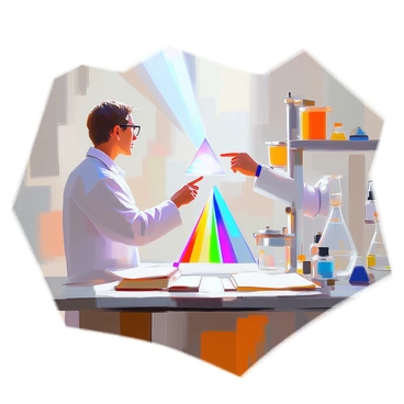 A physicist with short brown hair and glasses stands at a lab table, actively explaining the concept of light refraction. The physicist is wearing a white lab coat and holding a prism in one hand while pointing towards it with the other hand. A strong beam of white light enters the prism, bending as it exits the other side, creating a spectrum of colorful light beams that fan out across the tabletop. The lab is filled with various scientific equipment and books, providing an academic atmosphere that complements the demonstration.