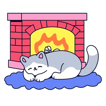 A fluffy cat with gray and white fur is curled up snugly in front of a roaring fireplace. The cat has closed eyes and a relaxed expression, its paws tucked under its body. The fireplace is made of red bricks, and bright orange flames dance within, casting a warm glow. There are a few logs and glowing coals visible in the fire. The surrounding area features a soft, plush rug that the cat is resting on.