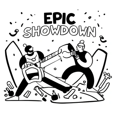 A dynamic battle scene in a comic book style, featuring two armored warriors clashing in the center. One warrior wielding a large sword is striking downward towards the other, who is blocking with a shield. In the background, jagged cliffs rise sharply, with debris flying through the air. Surrounding the combatants, various weapons and armor pieces are scattered across the ground. Above the scene, the words "Epic Showdown" are boldly displayed in a dramatic font.