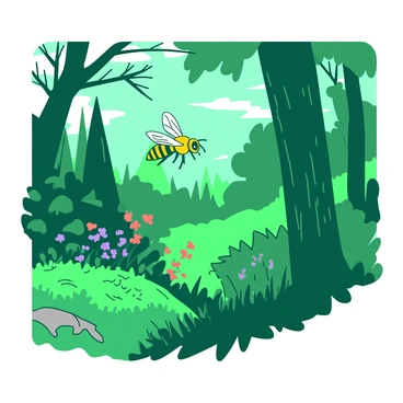 A yellow carpenter bee is hovering just above the ground, its wings slightly blurred from its rapid movement. The bee is flying along the edge of a lush, green forest filled with various trees, their leaves a vibrant shade of green. Shafts of sunlight pierce through the canopy, highlighting the textured bark of the trees and the dense underbrush. In the background, hints of colorful flowers can be seen peeking through the foliage, adding a touch of vibrancy to the scene. The atmosphere is lively, with the presence of the bee suggesting a busy and active environment.