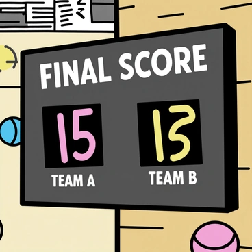 A scoreboard with large digital numbers displaying the final score of a dodgeball match. The score reads "15" for Team A and "12" for Team B. The scoreboard has a sleek black frame and is mounted on a wooden wall. Above the score, the words "FINAL SCORE" are prominently displayed in bold white letters. The surrounding area shows a glimpse of a gymnasium with colorful dodgeballs scattered on the floor.