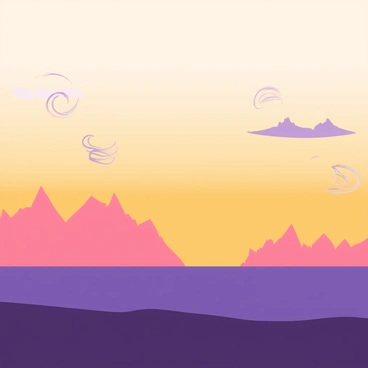 A vast horizon with a gradient of colors transitioning from deep orange to soft purple as the sun sets. Strange cloud formations in the shape of twisting spirals and jagged peaks float in the sky, casting unusual shadows across the landscape. The ground is silhouetted against the bright sky, enhancing the dramatic effect of the clouds above.