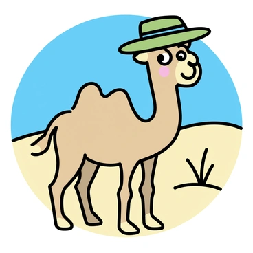 A clever camel mascot with a light brown coat, standing in the desert. The camel is wearing a green safari hat with a wide brim, slightly tilted. The background features rolling sand dunes under a clear blue sky. The camel has an expressive face, with big, friendly eyes and a slight smile, showcasing its playful character. A few sparse desert plants are visible in the vicinity, adding detail to the arid landscape.