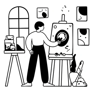 A woman standing in an art studio, deeply focused on her work. She is holding a paintbrush in her right hand, actively applying paint to a large canvas that displays an intricate abstract piece. Various paint tubes and brushes are scattered across a wooden table nearby. The walls of the studio are adorned with several other abstract paintings, and a window allows light to stream in, illuminating the scene. A palette filled with different shades of paint rests beside her.