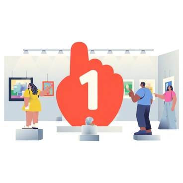 An art gallery exhibit features a large, oversized foam finger in the center. The foam finger is bright red, with the number one emblazoned in bold white letters. Surrounding the foam finger are various smaller art pieces displayed on white pedestals, including colorful paintings and sculptures. The gallery walls are painted a soft gray, and the lighting is bright yet diffused, highlighting the centerpiece and the surrounding artworks. Visitors, including a woman with curly hair wearing a yellow dress and a man in a blue shirt, are admiring the exhibit, with some pointing at the foam finger.