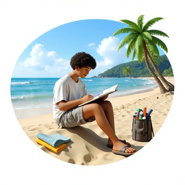 An illustrator sketching landscapes at a serene beach in Langkawi.