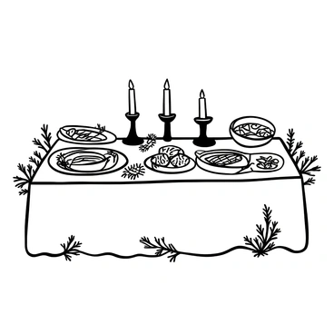 A table set for a festive holiday gathering is adorned with a white tablecloth. On the table, there are beautifully arranged serving dishes filled with various types of tinned fish, including sardines and mackerel, artfully garnished with herbs. Surrounding the dishes are decorative plates, each holding small portions of fish salad. Candle holders are placed in the center of the table, with lit candles casting delicate shadows. Festive decorations, such as small pinecones and sprigs of evergreen, embellish the table, contributing to the holiday atmosphere.