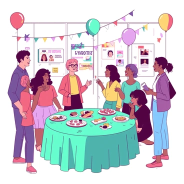 A group of former classmates is gathered in a spacious venue decorated with colorful balloons and streamers. In the center, a round table is surrounded by a teal tablecloth, with several plates of appetizers displayed. A diverse group of individuals is standing and sitting around the table, chatting and laughing. Two women with joyful expressions are sharing a story, while a man with glasses is gesturing animatedly as he recounts a memory. Nearby, another couple is taking selfies with a smartphone, capturing the moment. In the background, a banner reading "High School Reunion" is hanging on the wall, surrounded by framed photographs of their school days. The atmosphere is lively, filled with smiles and warm conversations.