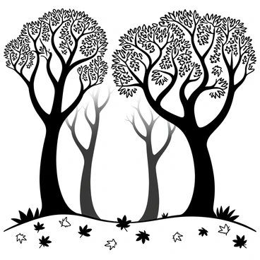 Tall trees with intricate, twisting branches reaching upward. Leaves are clustered densely at the ends of the branches, creating a textured canopy. The wind moves through the leaves, causing them to appear as if they are gently swaying and communicating with one another. The ground is covered in a blanket of fallen leaves, with some scattered around the base of the trees. Sunlight filters through the branches, creating patterns of light and shadow on the forest floor.