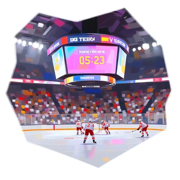 An overhead digital scoreboard in a hockey arena displays the current score, which reads "3" for the home team and "2" for the visiting team. The time remaining is shown as "05:23" in bright red digits, indicating the countdown of the third period. The scoreboard is mounted on the ceiling, surrounded by the arena's seating filled with enthusiastic fans. The vibrant colors of the scoreboard contrast against the dark interior of the arena, highlighting the excitement of the game. The ice rink is visible below, with players in motion, adding to the dynamic atmosphere of the scene.