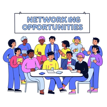 A crowded networking event taking place in a spacious room. Groups of people are engaged in conversation, some standing while others are seated at tables. Individuals are exchanging colorful business cards, with one person holding a card that is blue and embossed with silver lettering. The atmosphere is energetic, as attendees are animatedly sharing ideas and discussing projects. A large banner above them reads "Networking Opportunities" in bold letters.