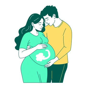 A teal mother and a yellow father are standing close together, gently cradling a glowing outline of a baby in the womb. The mother has her hands placed protectively over her belly, while the father wraps his arms around her, touching the outline. The scene captures a moment of tenderness and connection between the couple and the visual representation of the baby. Their expressions are soft and serene, reflecting their anticipation and love. The background is minimal, focusing on the parents and the glowing outline of the baby in the womb.