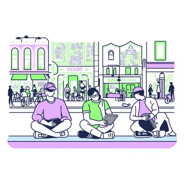 A group of urban sketchers is sitting on a sidewalk in Sheffield, each focused on their sketchbooks. One sketcher, with a blue cap, is capturing a bustling café scene, while another, wearing glasses, is drawing a historic building with intricate architecture in the background. A third sketcher is using colored pencils to depict pedestrians walking by. A variety of sketchbooks are open, showcasing different styles and techniques. The streets are lively with people and bicycles, while shopfronts and streetlights frame the scene.