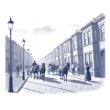 A Victorian-era street scene filled with intricate details. Gas lamps line the cobblestone path, casting a soft glow. Horse-drawn carriages traverse the street, with horses in harness visible. The architecture includes row houses adorned with decorative trim and large windows. People in period clothing walk along the sidewalk, some stopping to chat. A vendor can be seen selling goods from a cart. The sky holds a few clouds, suggesting a late afternoon ambiance.