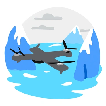 A navy drone flying just above icy waters, creating small ripples as it moves. The drone is sleek and modern, with a glossy finish and propellers spinning rapidly. Surrounding the drone are towering blue and white icebergs, some with sharp edges and others with smooth, rounded shapes. The sky above is overcast, with shades of gray and hints of light peeking through the clouds, casting a soft glow on the scene. The icy waters reflect the colors of the icebergs and the sky.