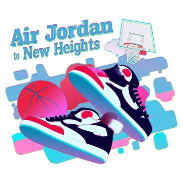 A retro-style advertisement featuring the first Air Jordan sneakers. The sneakers are prominently displayed, showcasing their unique design with the iconic Jumpman logo on the side. The background consists of bold, colorful geometric patterns typical of the 1980s, evoking a sense of nostalgia. There are vintage basketball elements, like a worn-out basketball and a half-court line, integrated into the scene. The text "Air Jordan - Fly to New Heights" is styled in a dynamic font at the top, capturing the essence of the era. The overall color scheme includes vibrant reds, blues, and yellows, enhancing the nostalgic vibe.
