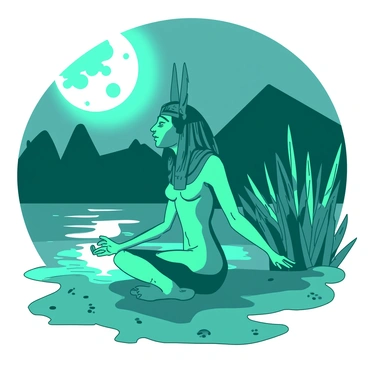 A teal Sekhmet is depicted in a meditation pose, sitting gracefully by the banks of the Nile River. The full moon is shining brightly in the night sky, casting a soft glow on the water's surface, which reflects the moonlight. Surrounding Sekhmet, there are lush green reeds gently swaying in the breeze, and small ripples are forming in the river. The atmosphere suggests a tranquil moment, with the silhouette of ancient Egyptian architecture seen in the background.