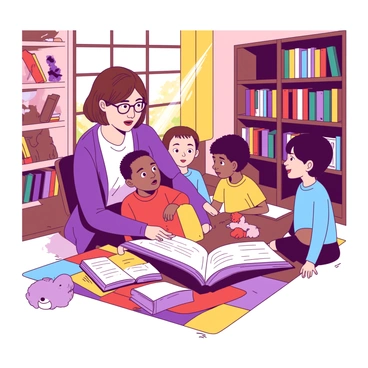 A group of five children, ranging in age from about six to ten years, are sitting on a colorful rug in a cozy library. They are attentively looking up at a middle-aged librarian with short brown hair and glasses, who is animatedly reading from an oversized, illustrated storybook. The librarian is wearing a purple cardigan over a white blouse. The children are diverse, with different hairstyles and clothing styles, showing a mix of bright colors like red, yellow, and blue. The background features bookshelves filled with various books and a few plush toys placed around the space. Sunlight is streaming through a nearby window, creating a warm atmosphere in the library.