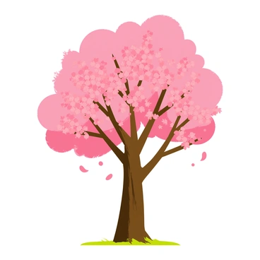 A tall tree with a thick brown trunk and sprawling branches is covered with "delicate pink cherry blossoms" in "full bloom." The blossoms are clustered tightly together, creating a vibrant canopy of pink hues. The sky is clear and blue, providing a bright backdrop for the colorful flowers. A few petals are gently falling from the tree, drifting down to the green grass below. The scene captures the beauty of springtime, with sunlight filtering through the branches and illuminating the blossoms.