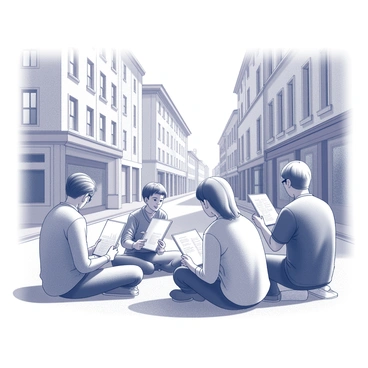 A small group of people is seated on the ground, each holding sketchbooks and pencils. They are focused on capturing the details of the urban landscape. The setting features a blend of historic and modern architecture, with stone buildings and narrow streets visible in the background. Some of the sketchers are engaged in conversation, while others are intensely observing the scene in front of them. The sunlight casts shadows on the pavement, highlighting the textures of the buildings and the vibrant atmosphere of the city.