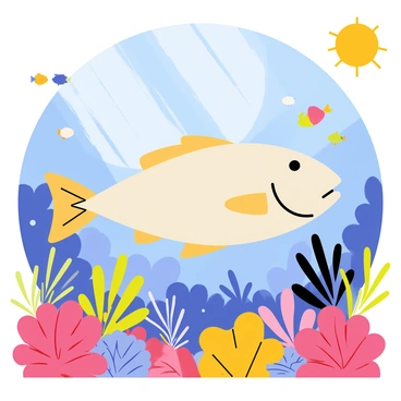 A halibut with a flat, oval-shaped body is swimming gracefully through a coral reef. The coral reef is abundant with plants and marine life, featuring an array of vibrant colors such as bright pinks, deep blues, and sunny yellows. Various species of corals, including brain coral and staghorn coral, create a lively background. Small fish of different shapes and colors dart around the halibut, adding to the dynamic scene, while sun rays penetrate the water, illuminating the underwater splendor.