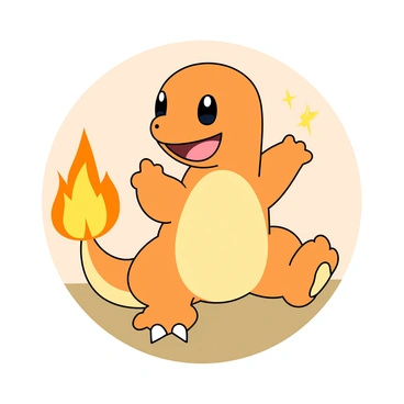 A cartoon-style illustration of a small orange lizard-like creature with a flame on its tail, known as "Charmander." The creature has large expressive eyes and a cheerful smile. It is standing on its hind legs, with its front paws slightly raised, as if playfully inviting the viewer closer. The background features a subtle, light-colored setting that enhances the focus on Charmander, while the character has a vibrant orange hue and a bright yellow flame. The overall composition captures a whimsical and playful mood.