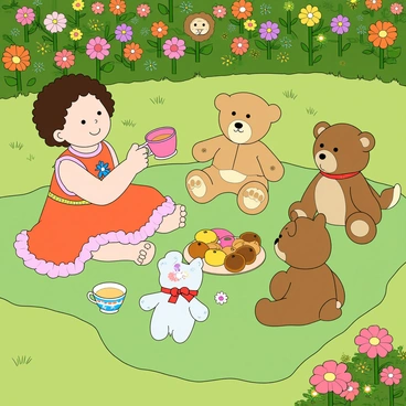 A baby girl with light skin and curly brown hair is sitting on a green picnic blanket in a sunny garden. She is wearing a colorful, frilly dress adorned with flowers. Around her, several stuffed animals are arranged in a circle, including a teddy bear, a bunny, and a puppy. The baby is holding a small pink teacup, pretending to pour imaginary tea into another teacup placed in front of the teddy bear. There are colorful faux pastries and a bright, floral-patterned teapot in the center of the blanket. The garden is filled with vibrant flowers and green grass, creating a cheerful atmosphere.