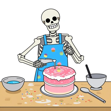 A cheerful skeleton with a white, bony structure and a wide grin is wearing a bright blue apron adorned with patterns of colorful cupcakes. The skeleton is standing at a wooden table covered in a light frosting mess, holding a piping bag filled with white icing. The cake, a tall round confection, is placed in front of it, already layered with pink frosting. The skeleton is carefully adding intricate designs to the top of the cake, with swirls and dots of icing shaping a fun pattern. There are sprinkles scattered around the table, adding pops of color to the scene. A couple of mixing bowls and a spatula are nearby, indicating the joyful baking process.